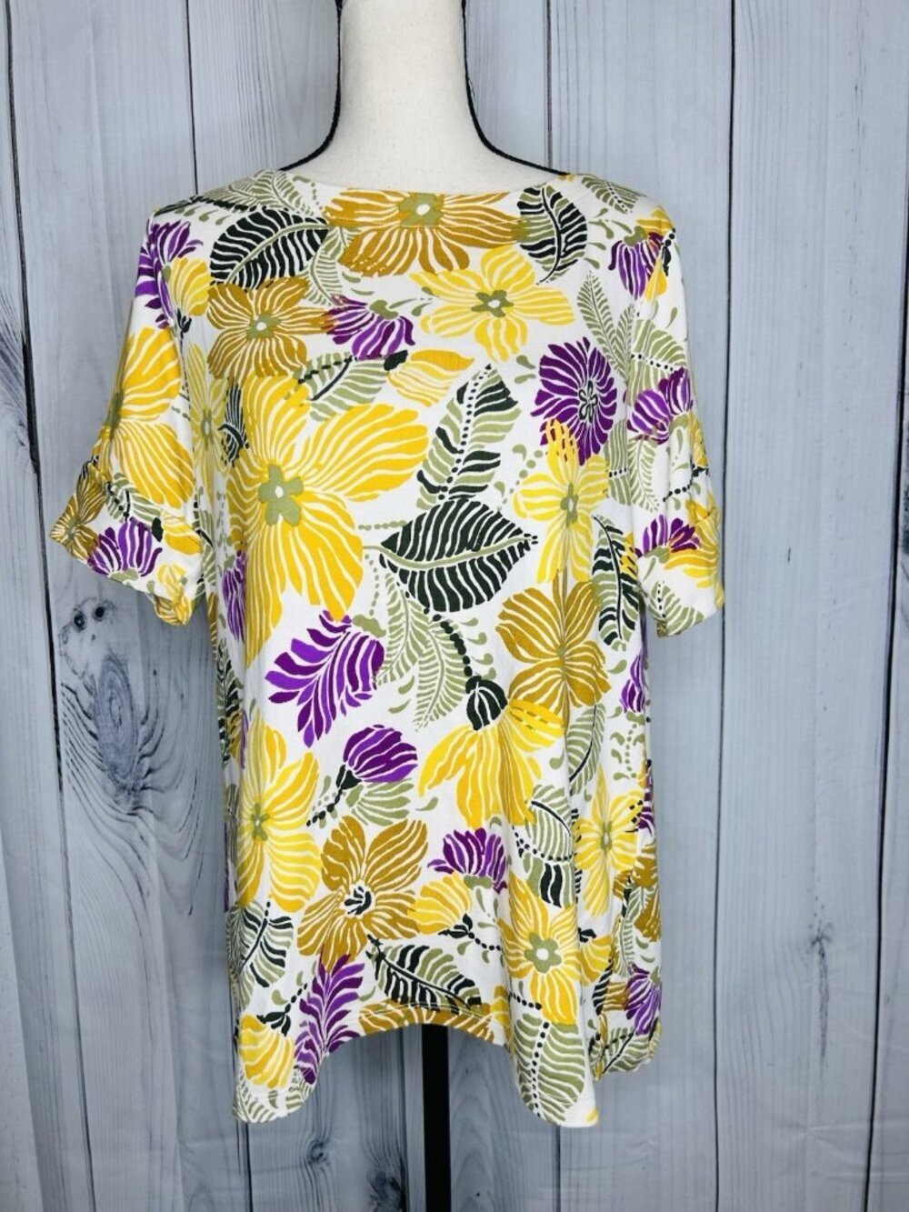 Chicos Womens Size 3 XL Palm Leaf Floral Knit Top Short Sleeve Bloomcore